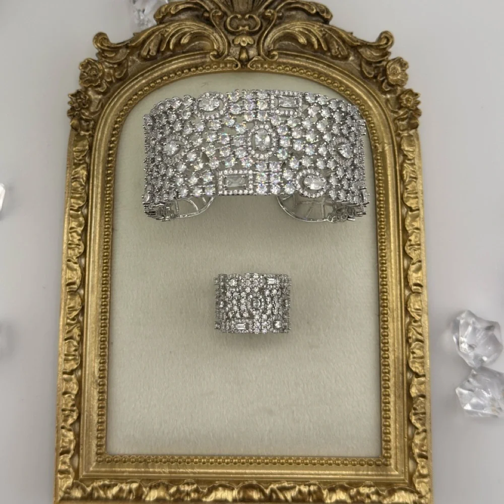 Luxury Cubic Zirconia Cuff Bracelet & Ring Set – Silver Tone - Picture 10 of 17